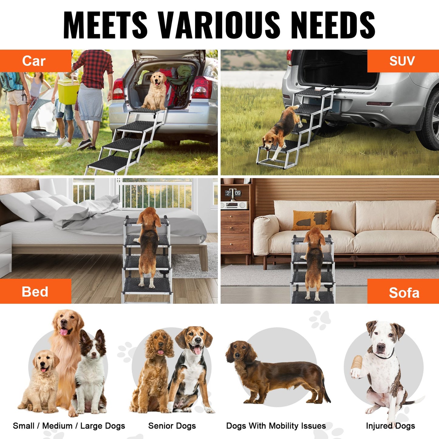 VEVOR Dog Stair for Cars 4-step Folding Dog Steps Aluminum Loads up to 250 lbs,