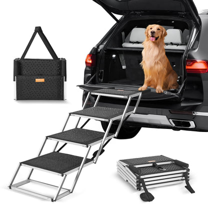Folding 4-Step Aluminum Dog Stairs for Cars, Supports up to 113 kg, Adjustable Height