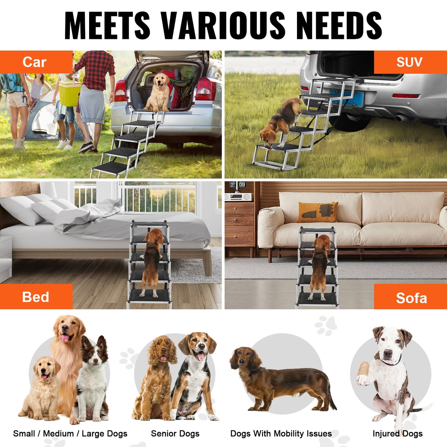 VEVOR Dog Stair for Cars 5-step Folding Dog Steps Aluminum Loads up to 150 lbs,