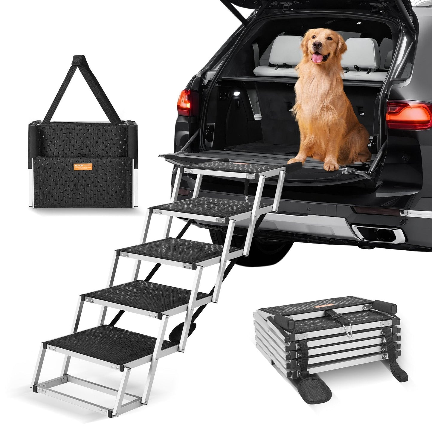 5-Step Folding Dog Stairs, Aluminum, Supports Up to 68 kg, Adjustable Height