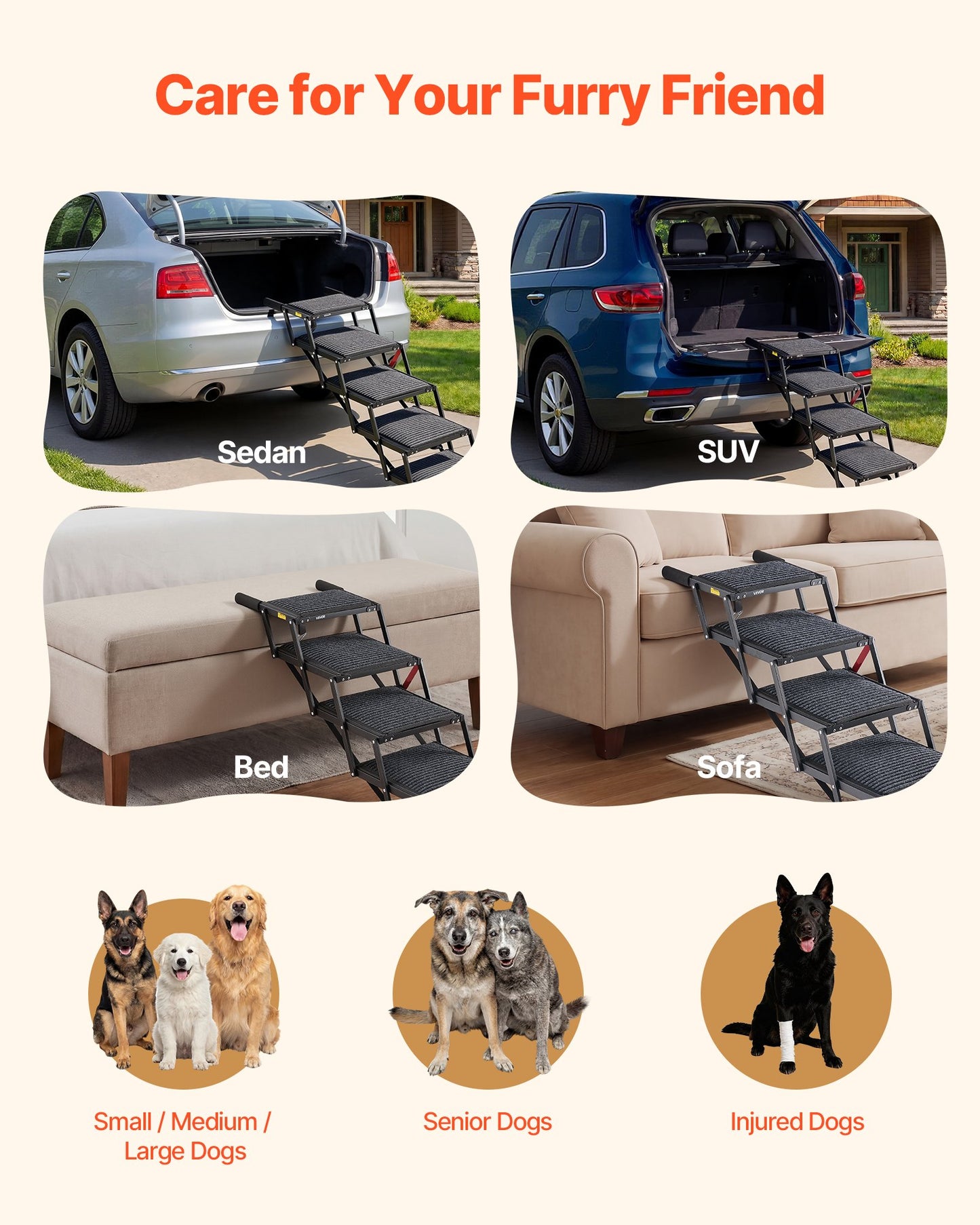 Dog Stairs for Car, 5 Steps Extra Wide Foldable Dog Ramp for Large Dogs with Non-Slip Rug Surface, Portable Lightweight Pet Ladder for Car, SUV, Truck, High Beds, Sofas, Support up to 91 kg