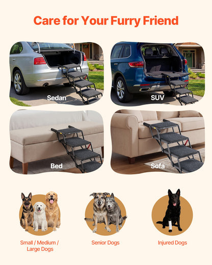 Dog Stairs for Car, 5 Steps Extra Wide Foldable Dog Ramp for Large Dogs with Non-Slip Rug Surface, Portable Lightweight Pet Ladder for Car, SUV, Truck, High Beds, Sofas, Support up to 91 kg