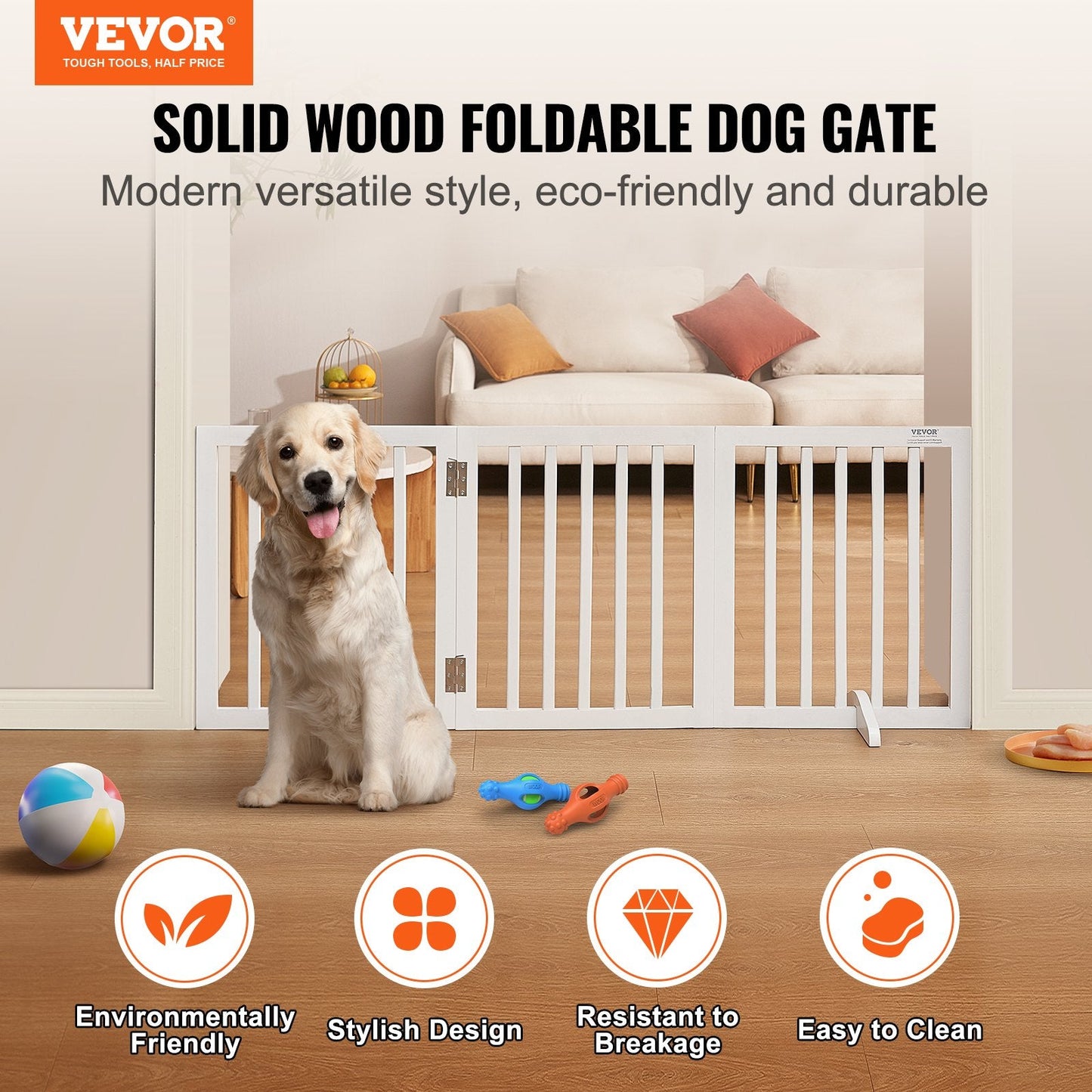 Foldable Pet Gate with 3 Panels, 0.6m H x 1.5m W, Indoor Use, White