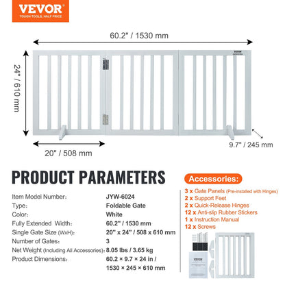 Foldable Pet Gate with 3 Panels, 0.6m H x 1.5m W, Indoor Use, White