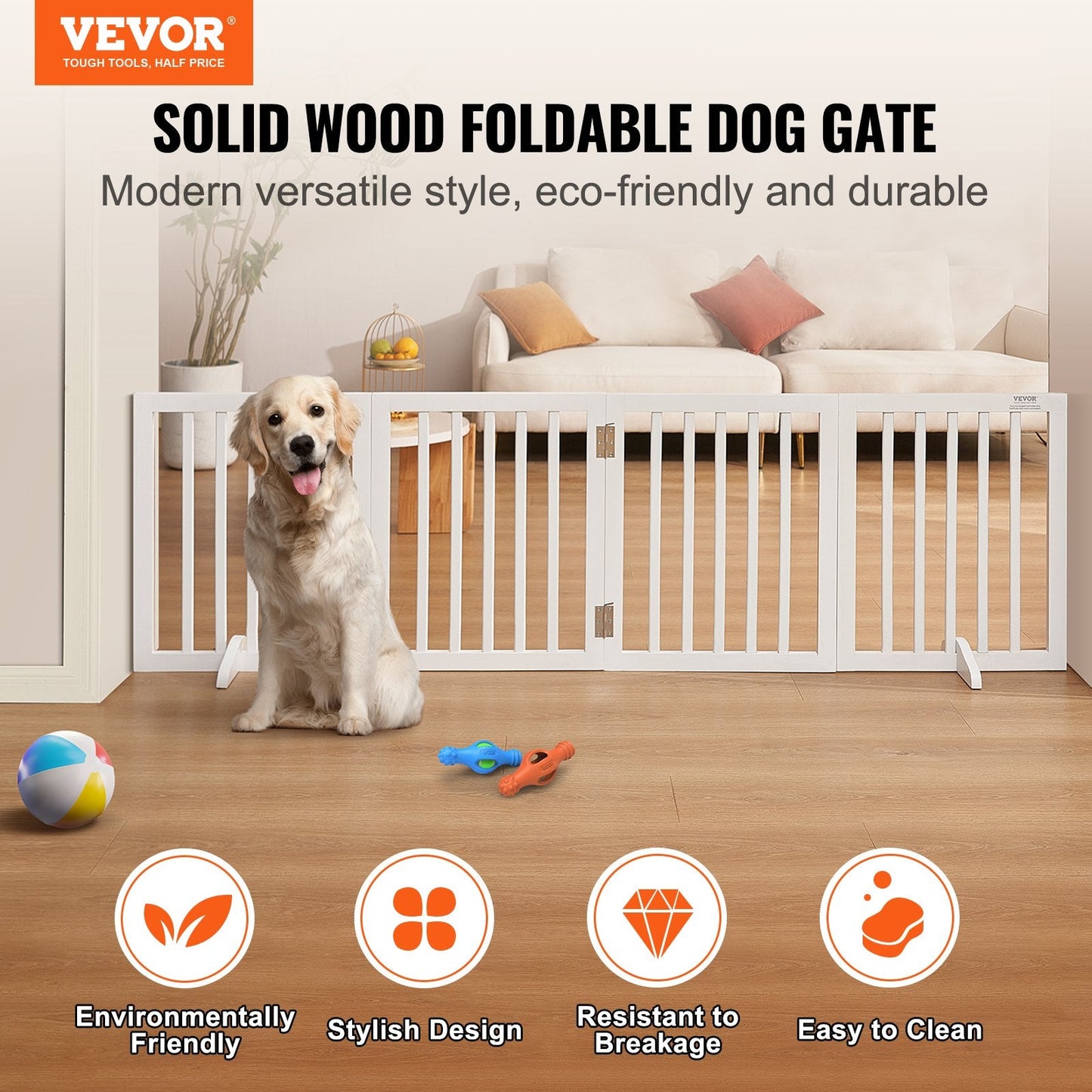 Freestanding 4-Panel Pet Gate, 0.61m H x 2.04m W, Foldable Indoor Barrier, White