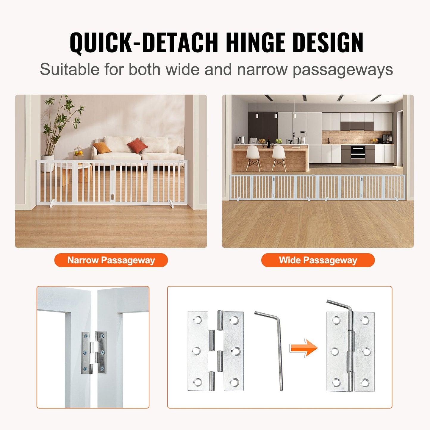 Freestanding 4-Panel Pet Gate, 0.61m H x 2.04m W, Foldable Indoor Barrier, White