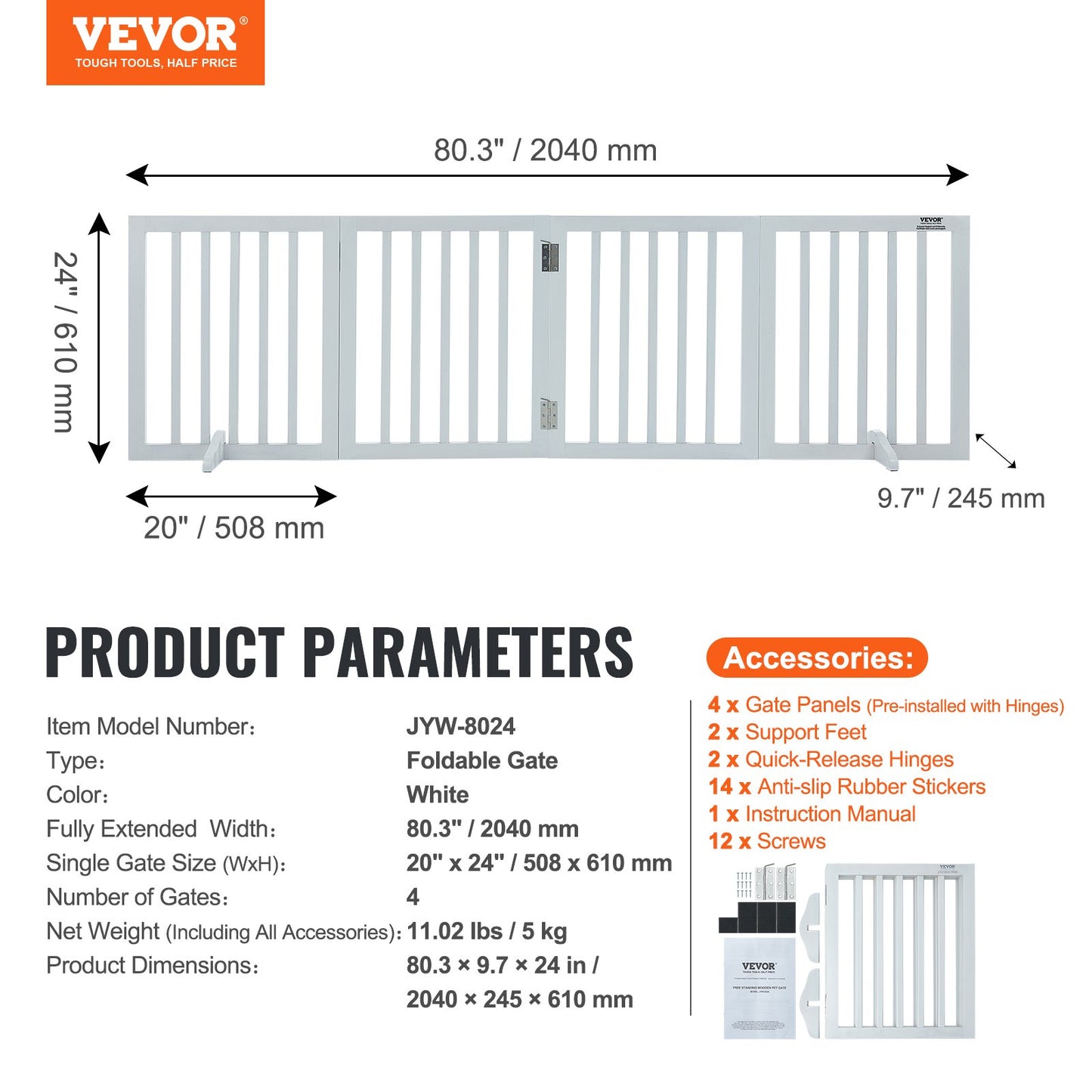 VEVOR Free Standing Dog Gate, 24" H x 80.3" W Freestanding Pet Gate, 4 Panels Foldable