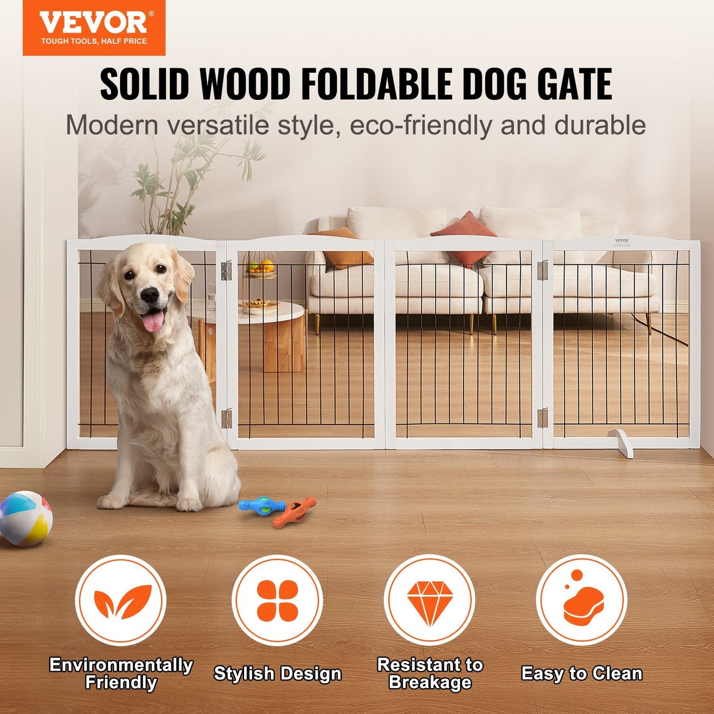 Freestanding Pet Gate, 0.81m H x 2.45m W, 4 Foldable Panels, Indoor Use, White
