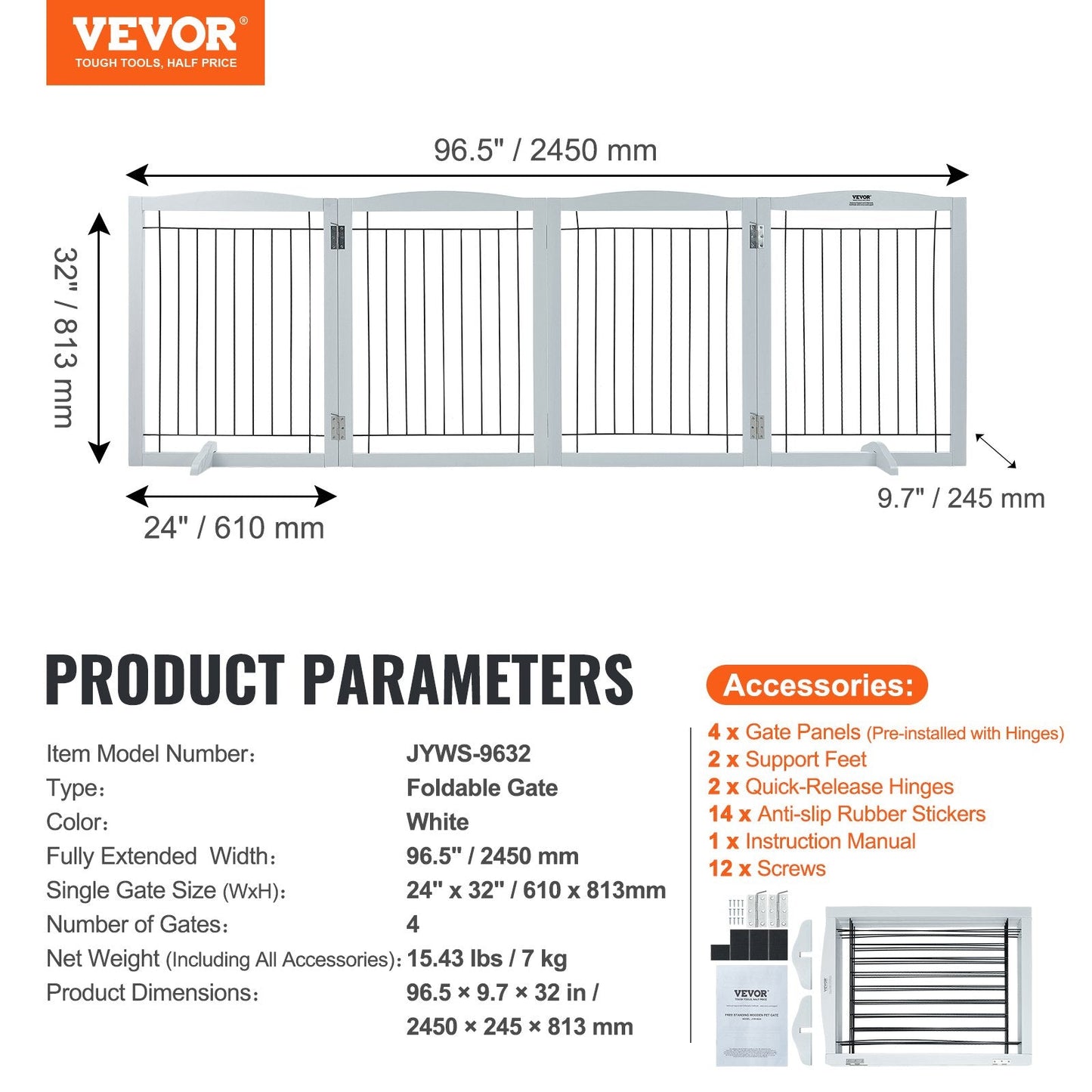 Freestanding Pet Gate, 0.81m H x 2.45m W, 4 Foldable Panels, Indoor Use, White