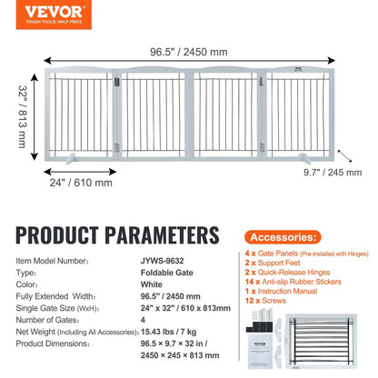 Freestanding Pet Gate, 0.81m H x 2.45m W, 4 Foldable Panels, Indoor Use, White