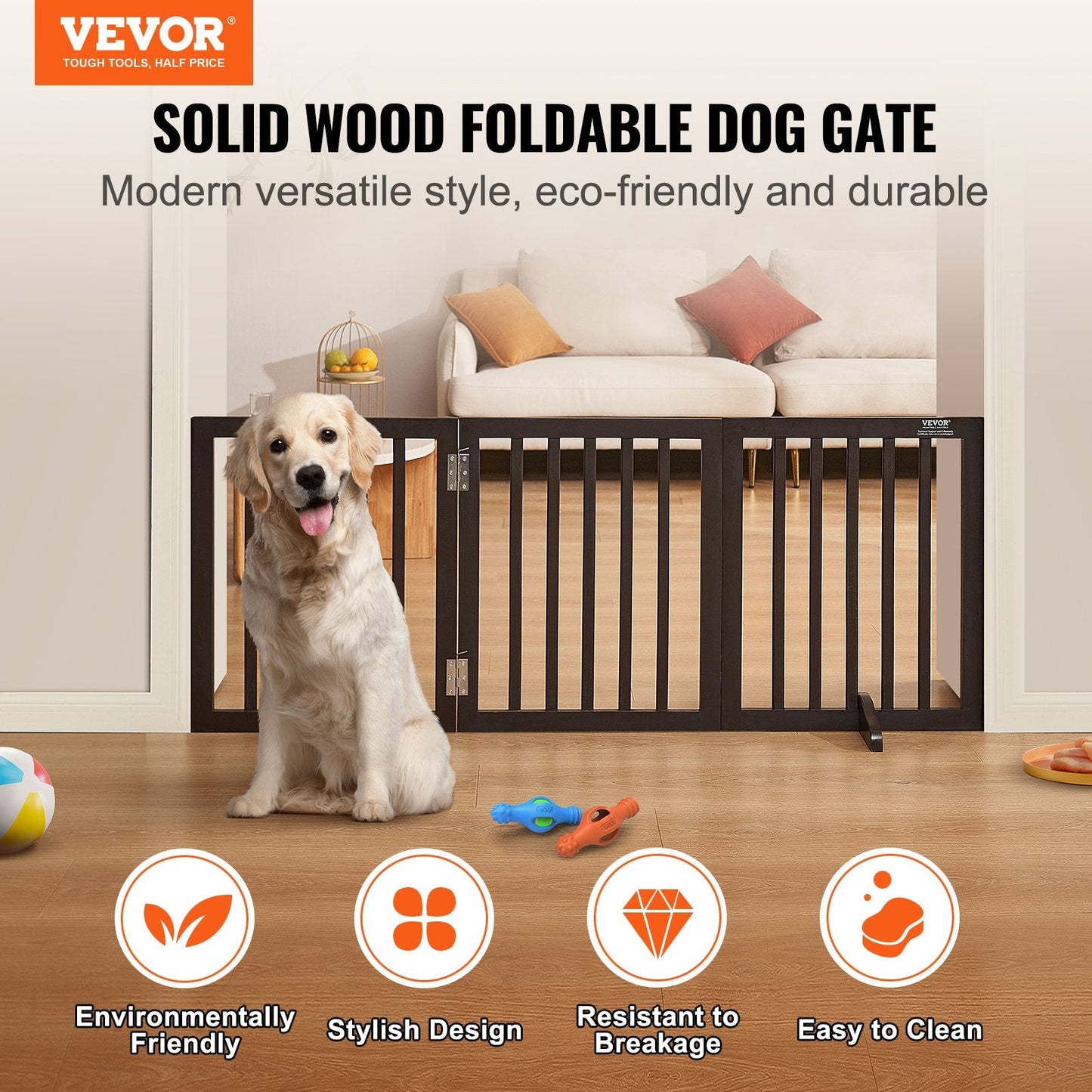 Foldable Freestanding Pet Gate, 0.6x1.5m, Brown, Modern Design, Easy Setup