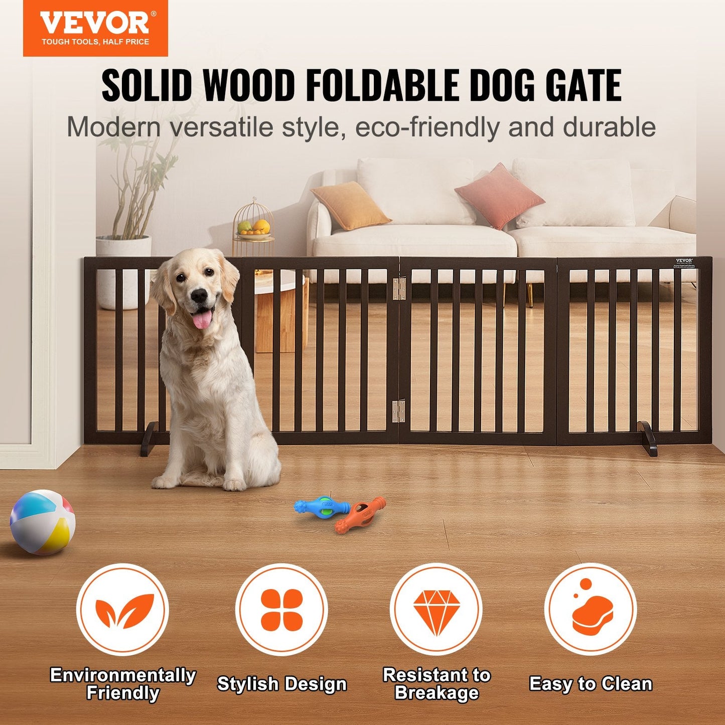 Freestanding Foldable Pet Gate, Brown, 0.6 x 2.04 m, Easy Assembly, Waterproof