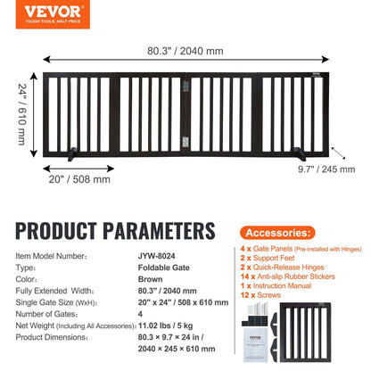 Freestanding Foldable Pet Gate, Brown, 0.6 x 2.04 m, Easy Assembly, Waterproof