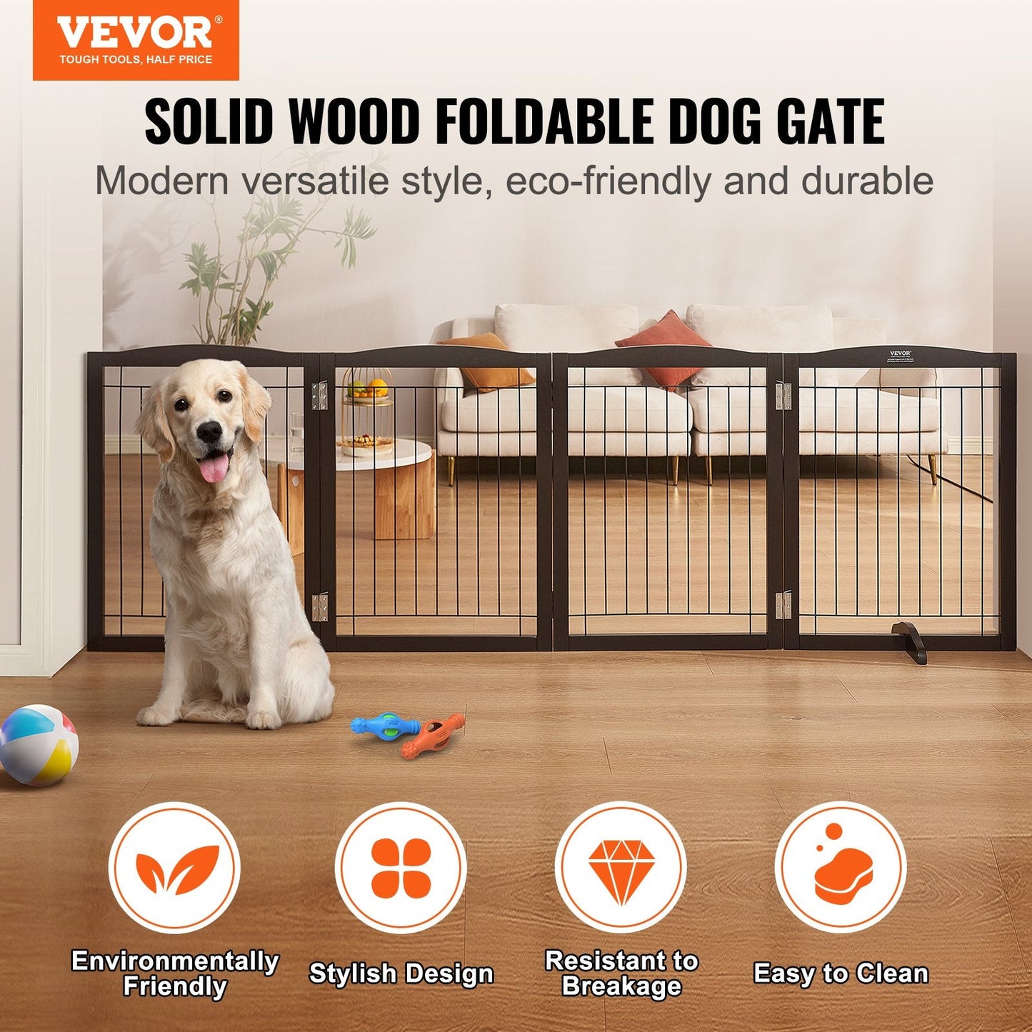Foldable Brown Pet Gate - 2.45m Freestanding Design, Easy Assembly, Waterproof