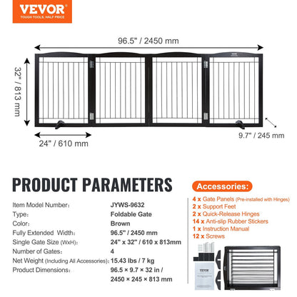 Foldable Brown Pet Gate - 2.45m Freestanding Design, Easy Assembly, Waterproof