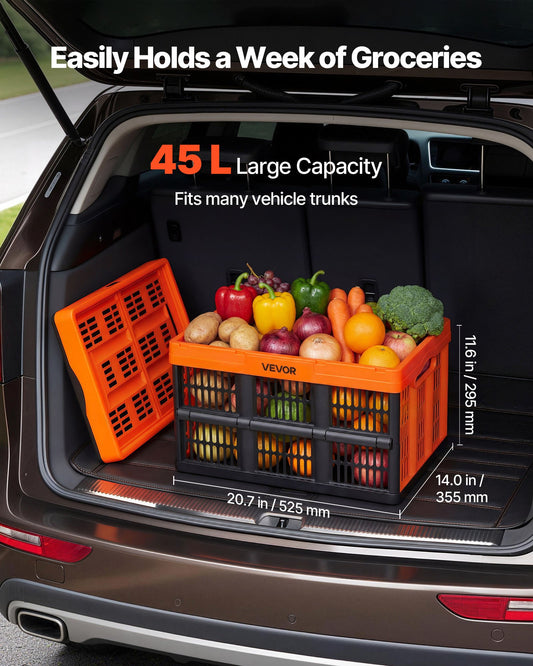 Plastic Collapsible Storage Bins, 45L 6 Packs, Stackable Folding Storage Crates with Handles, Holds 15 kg Per Bin, Foldable Heavy Duty Containers, Space-Saving Baskets, for Home Organizing