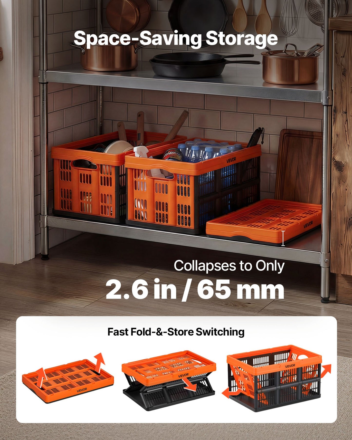 Plastic Collapsible Storage Bins, 45L 6 Packs, Stackable Folding Storage Crates with Handles, Holds 15 kg Per Bin, Foldable Heavy Duty Containers, Space-Saving Baskets, for Home Organizing