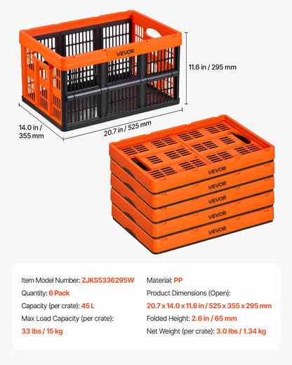 Plastic Collapsible Storage Bins, 45L 6 Packs, Stackable Folding Storage Crates with Handles, Holds 15 kg Per Bin, Foldable Heavy Duty Containers, Space-Saving Baskets, for Home Organizing