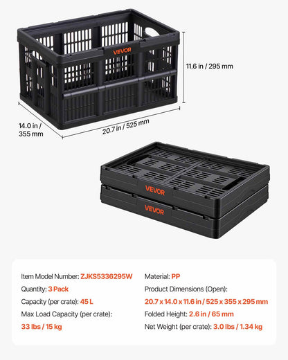 Plastic Collapsible Storage Bins, 45L 3 Packs, Stackable Folding Storage Crates with Handles, Holds 15 kg Per Bin, Foldable Heavy Duty Containers, Space-Saving Baskets, for Home Organizing