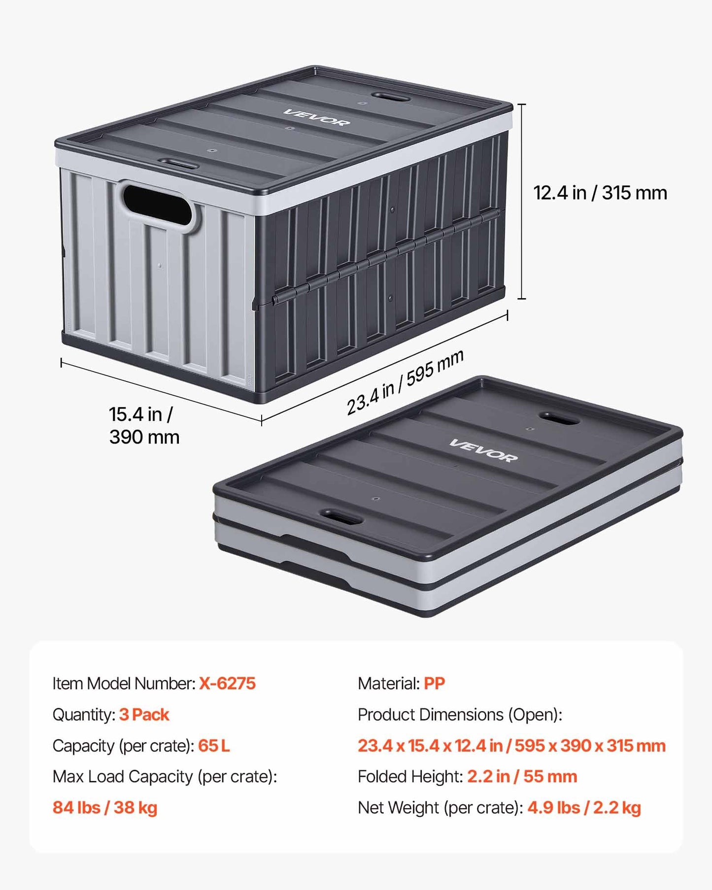 Plastic Collapsible Storage Bins with Lids, 65L 3 Packs, Stackable Folding Storage Crates with Handles, Holds 38 kg Per Bin, Heavy Duty Containers, Space-Saving Baskets, for Home Organizing