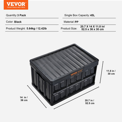VEVOR Collapsible Storage Bins with Lids, 45L 3 Packs, Folding Plastic Stackable