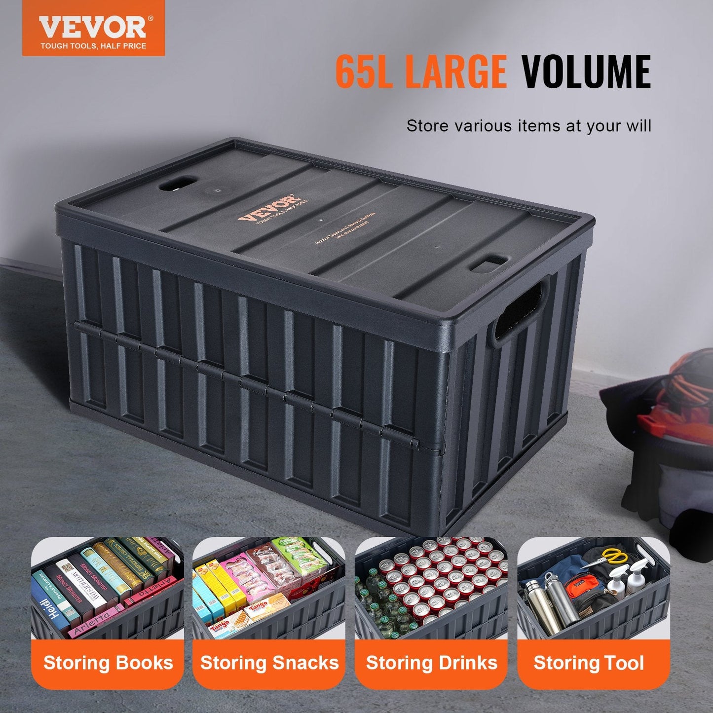 Collapsible 65L Storage Bins with Lids - 3 Pack, Durable Plastic Crates