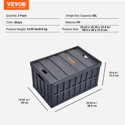 VEVOR Collapsible Storage Bins with Lids, 65L 3 Packs, Folding Plastic Stackable