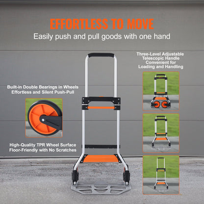 VEVOR Folding Hand Truck, 125 kg Load Capacity, Aluminum Portable Cart, Convertible