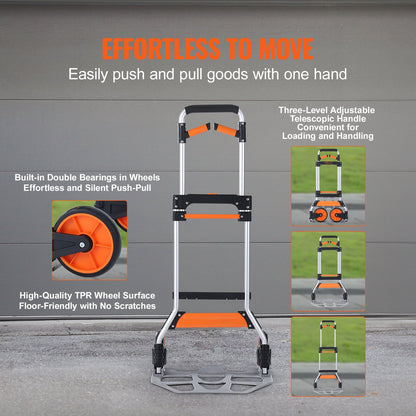 VEVOR Folding Hand Truck, 140 kg Load Capacity, Aluminum Portable Cart, Convertible