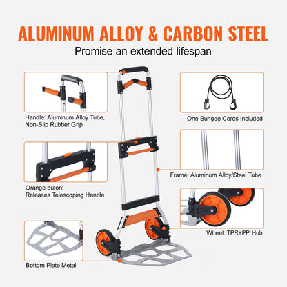 VEVOR Folding Hand Truck, 140 kg Load Capacity, Aluminum Portable Cart, Convertible