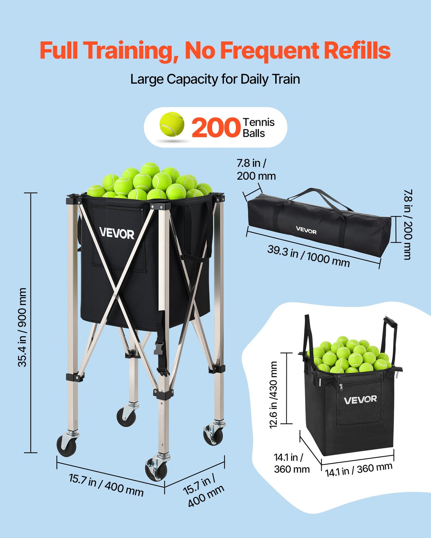 Tennis Ball Hopper, Holds 200 Tennis Balls, Foldable Pickleball Basket Cart with Wheels for Easy Pick Up, Stainless Steel Portable Pickleball Cart Caddy with Storage Bag, for Training Teaching