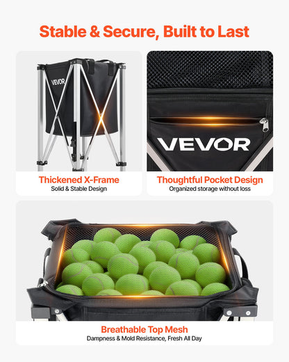 Tennis Ball Hopper, Holds 200 Tennis Balls, Foldable Pickleball Basket Cart with Wheels for Easy Pick Up, Stainless Steel Portable Pickleball Cart Caddy with Storage Bag, for Training Teaching