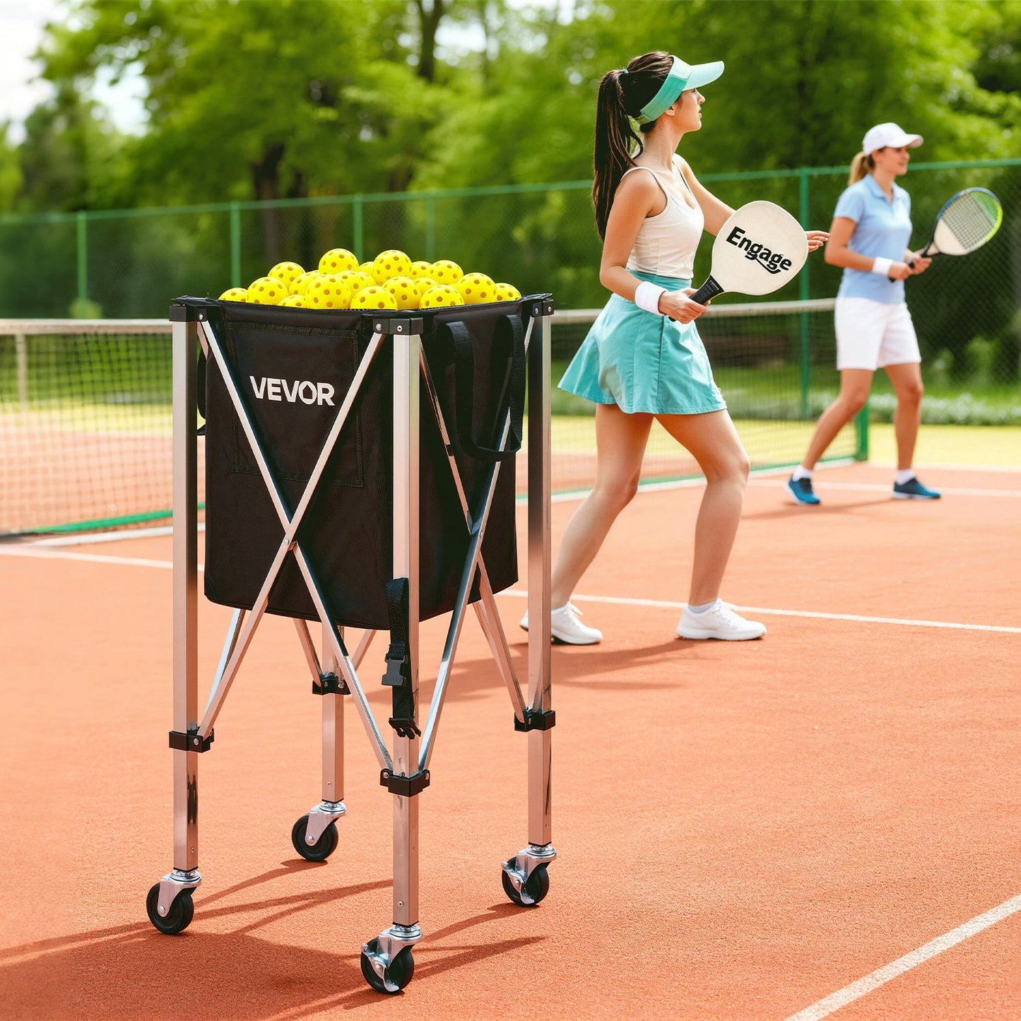 Tennis Ball Hopper, Holds 200 Tennis Balls, Foldable Pickleball Basket Cart with Wheels for Easy Pick Up, Stainless Steel Portable Pickleball Cart Caddy with Storage Bag, for Training Teaching