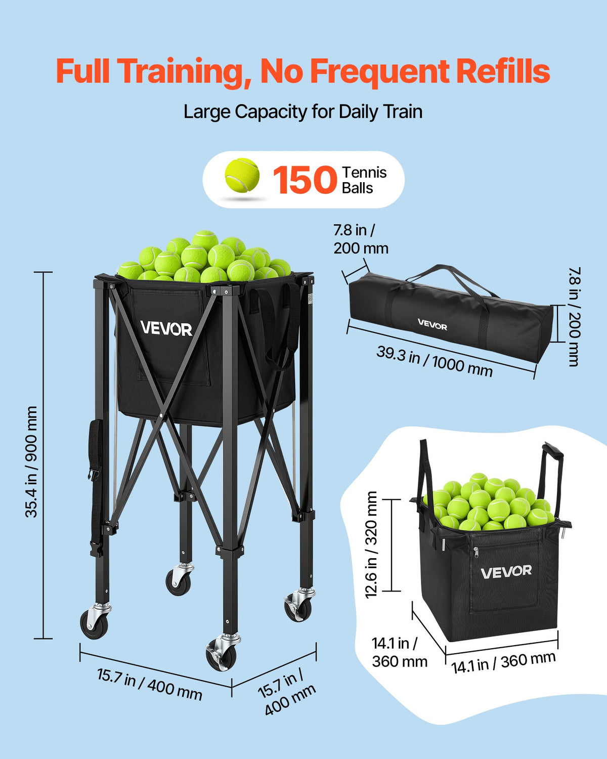 Tennis Ball Hopper, Holds 150 Tennis Balls, Foldable Pickleball Basket Cart with Wheels for Easy Pick Up, Lightweight Aluminum Alloy, Portable Pickleball Caddy with Storage Bag, for Training