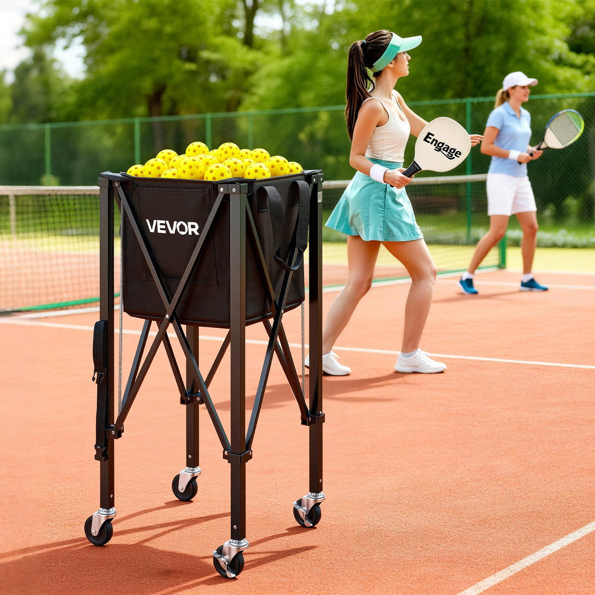 Tennis Ball Hopper, Holds 150 Tennis Balls, Foldable Pickleball Basket Cart with Wheels for Easy Pick Up, Lightweight Aluminum Alloy, Portable Pickleball Caddy with Storage Bag, for Training