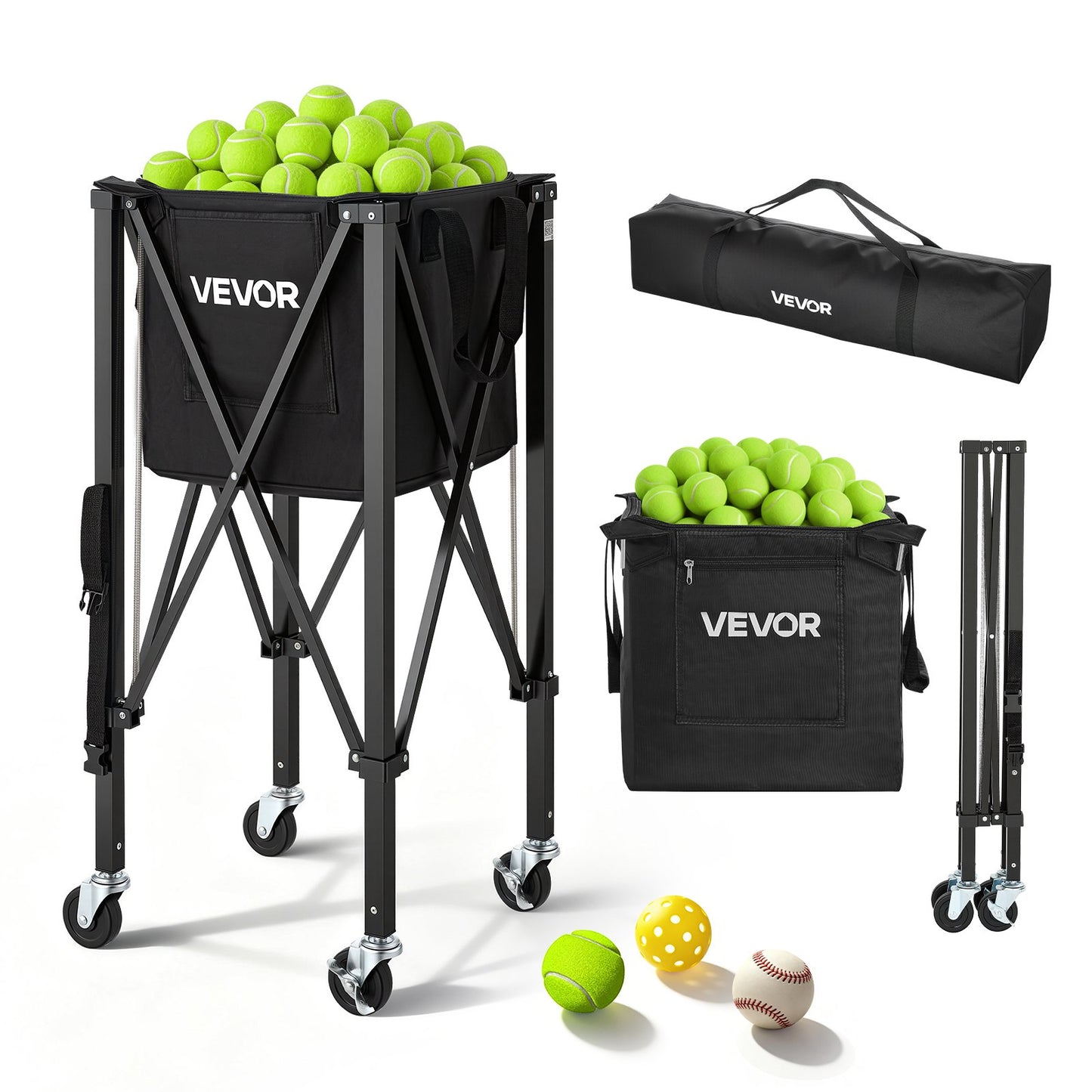 Tennis Ball Hopper, Holds 150 Tennis Balls, Foldable Pickleball Basket Cart with Wheels for Easy Pick Up, Lightweight Aluminum Alloy, Portable Pickleball Caddy with Storage Bag, for Training