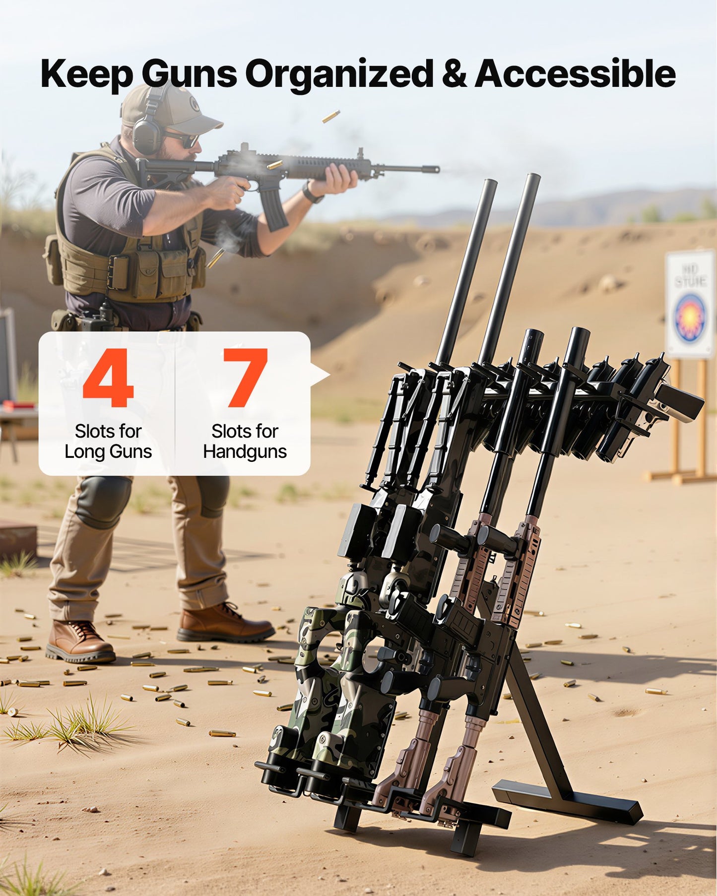 Gun Rack, Portable, Folding Heavy Duty Steel Rifle Shotgun Rack Stand, Freestanding Indoor Outdoor Gun Display Storage, Holds Up to 7 Pistols and 4 Rifles or Shotguns, for Shooting Hunting Range