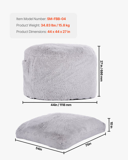 VEVOR Bean Bag Bed Chair Convertible from Chair to Lounge or Mattress Grey-Full, 1118 x 1118 x 686 mm