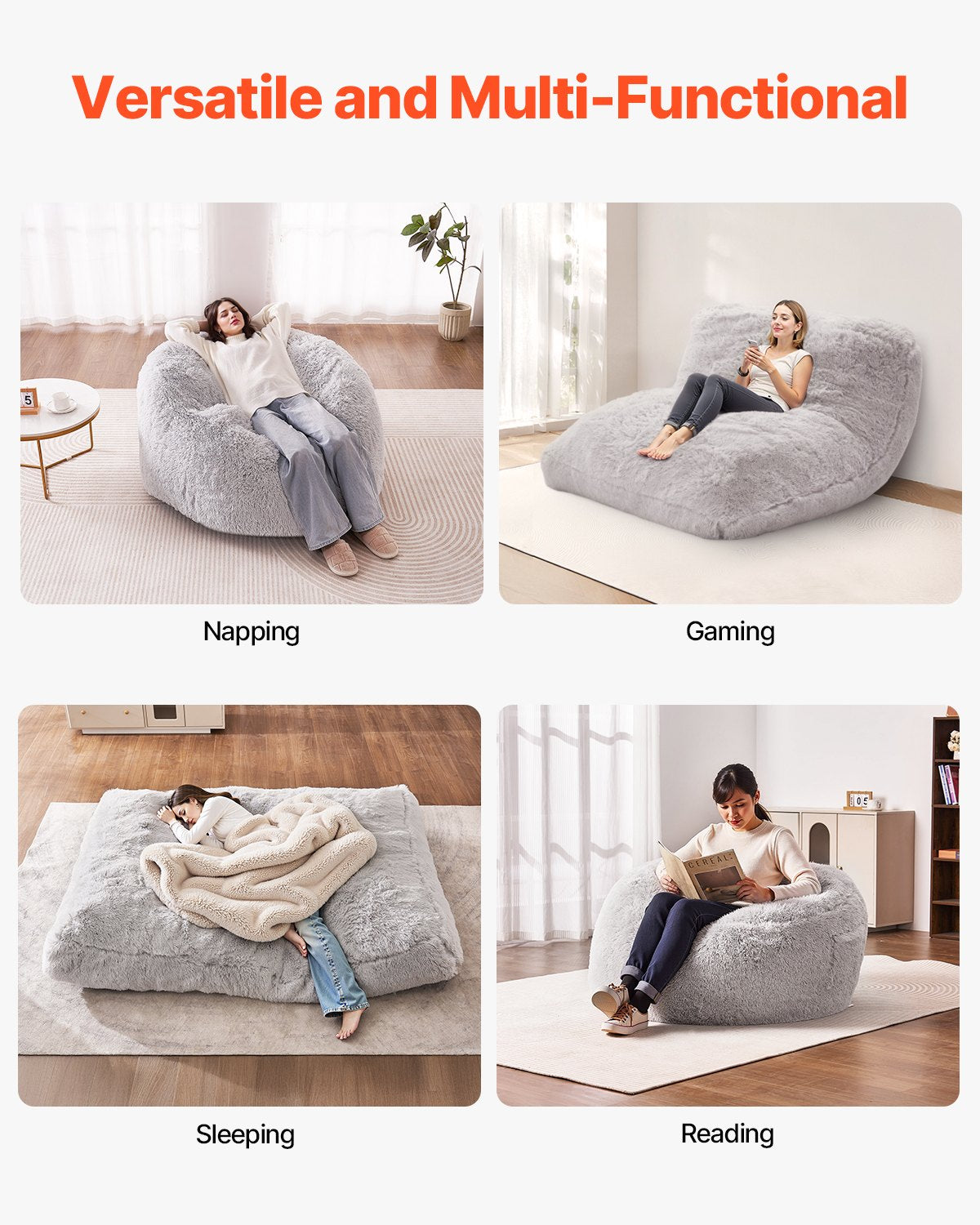VEVOR Bean Bag Bed Chair Convertible from Chair to Lounge or Mattress Grey-Full, 1118 x 1118 x 686 mm