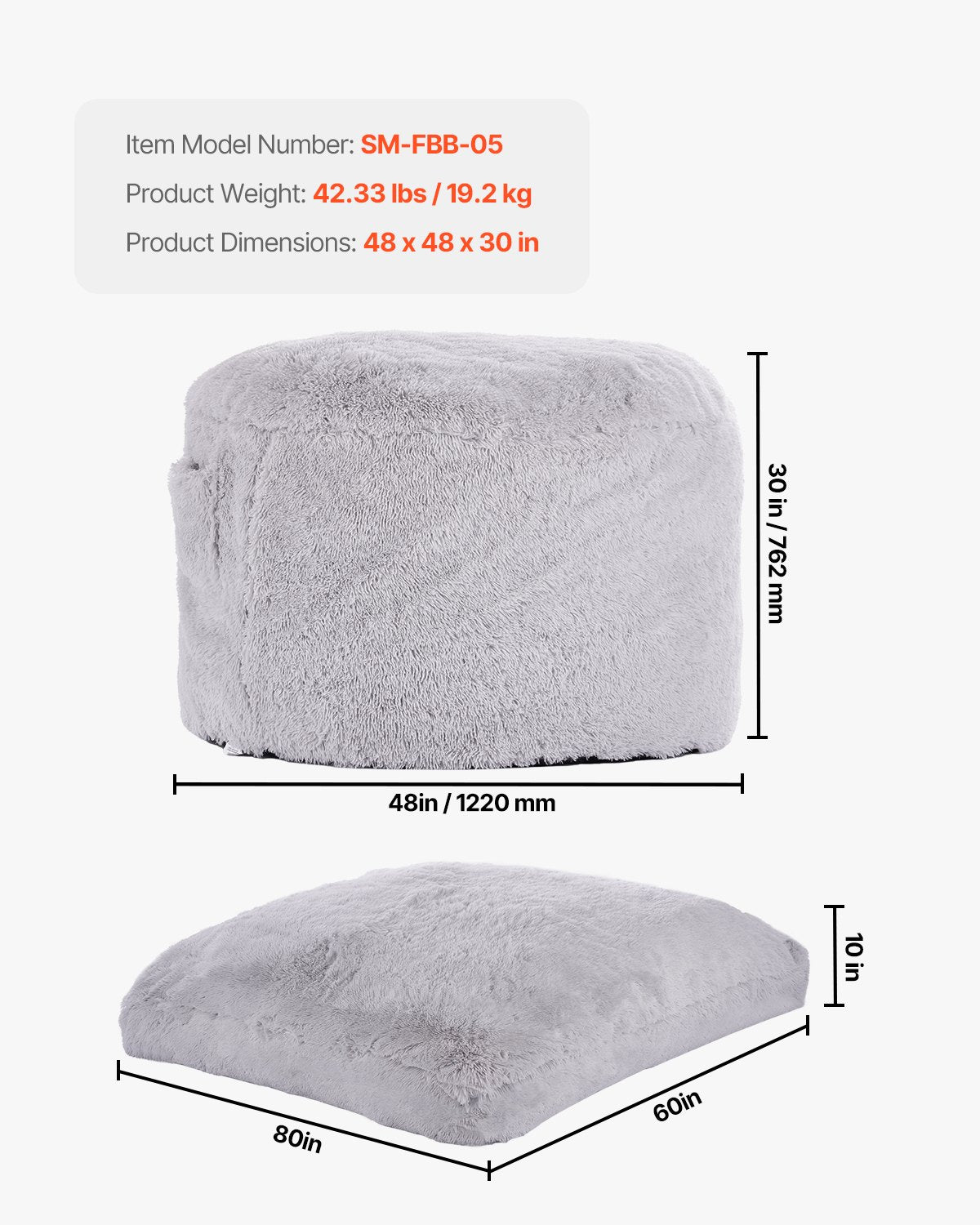 VEVOR Bean Bag Bed Chair Convertible from Chair to Lounge or Mattress Grey-Queen,1220 x 1220 x 762 mm