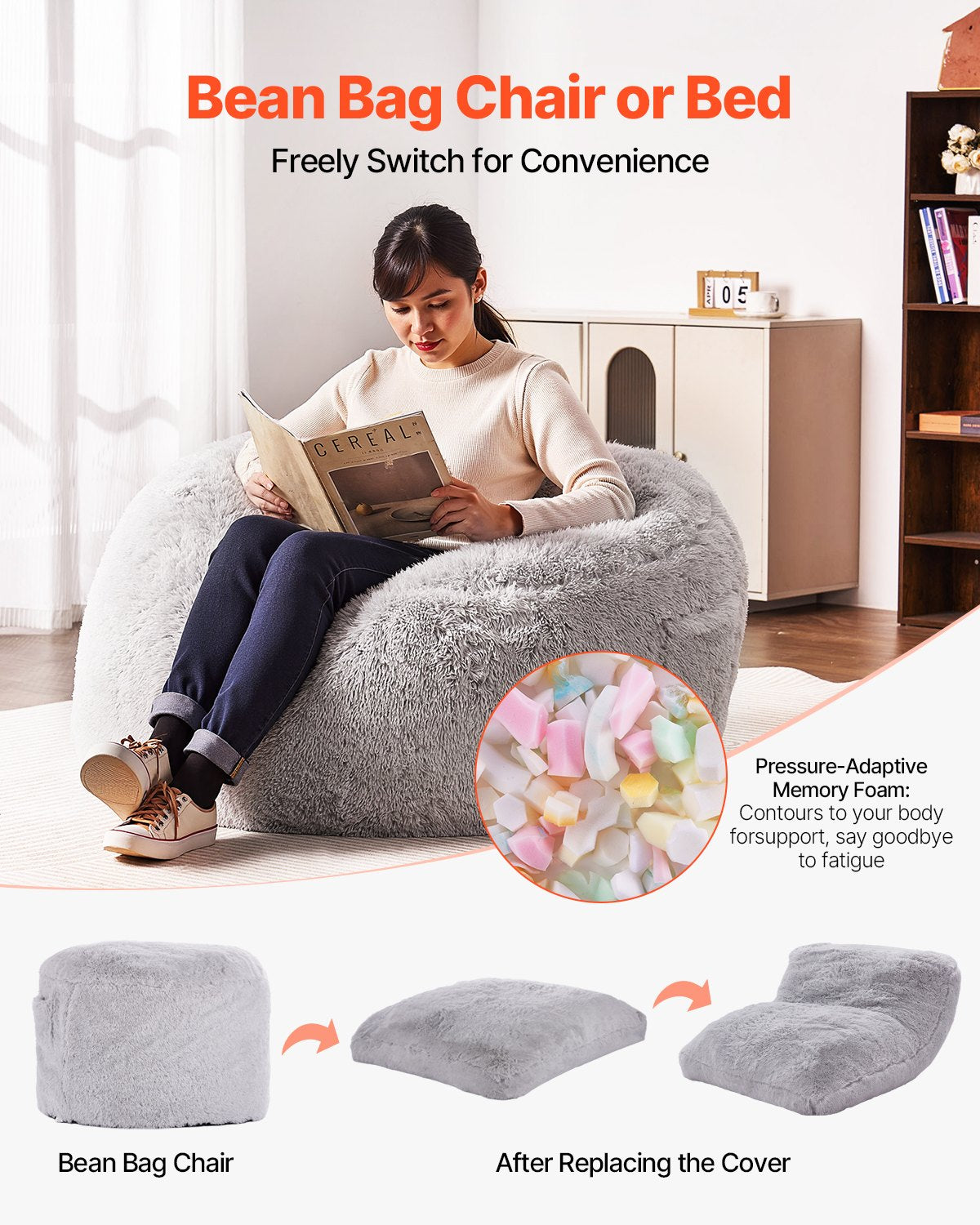 VEVOR Bean Bag Bed Chair Convertible from Chair to Lounge or Mattress Grey-Queen,1220 x 1220 x 762 mm