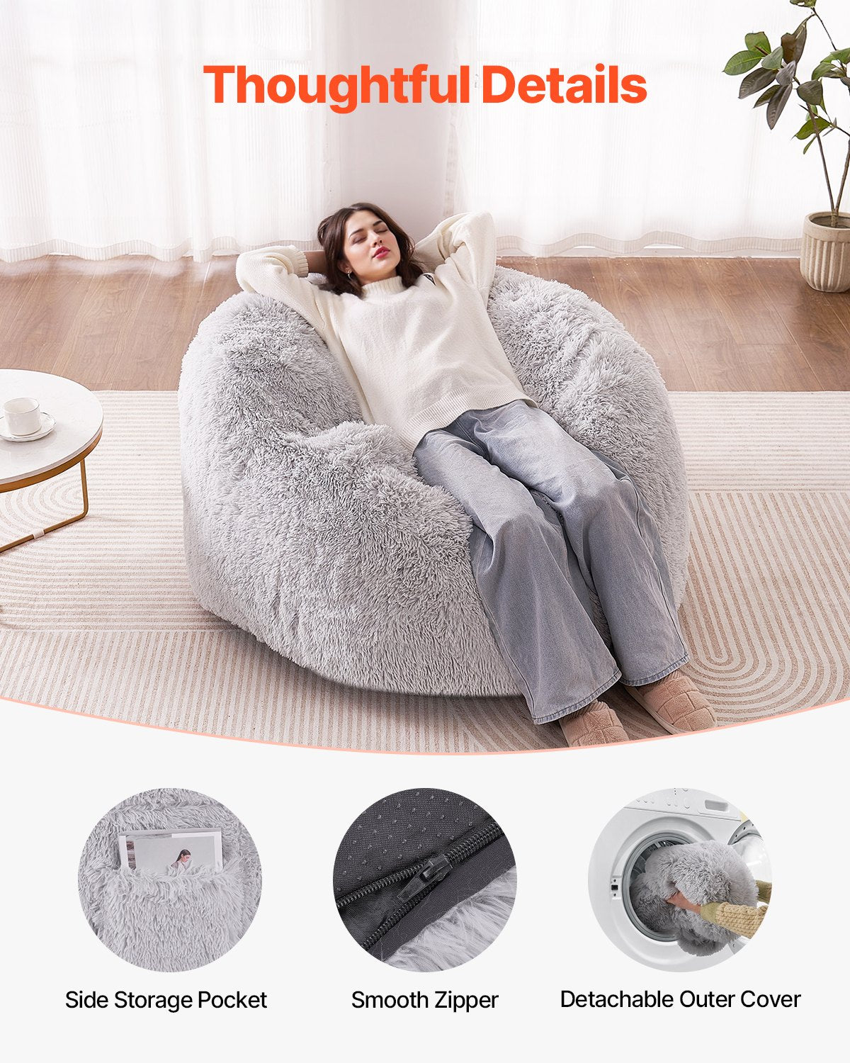 VEVOR Bean Bag Bed Chair Convertible from Chair to Lounge or Mattress Grey-Queen,1220 x 1220 x 762 mm