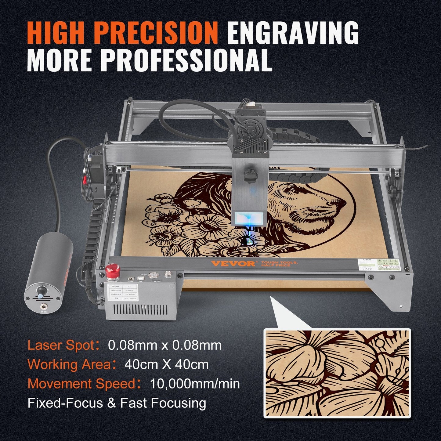 20W Laser Engraver with 40x40cm Area, USB Connection, Eye Protection, 6.1 kg