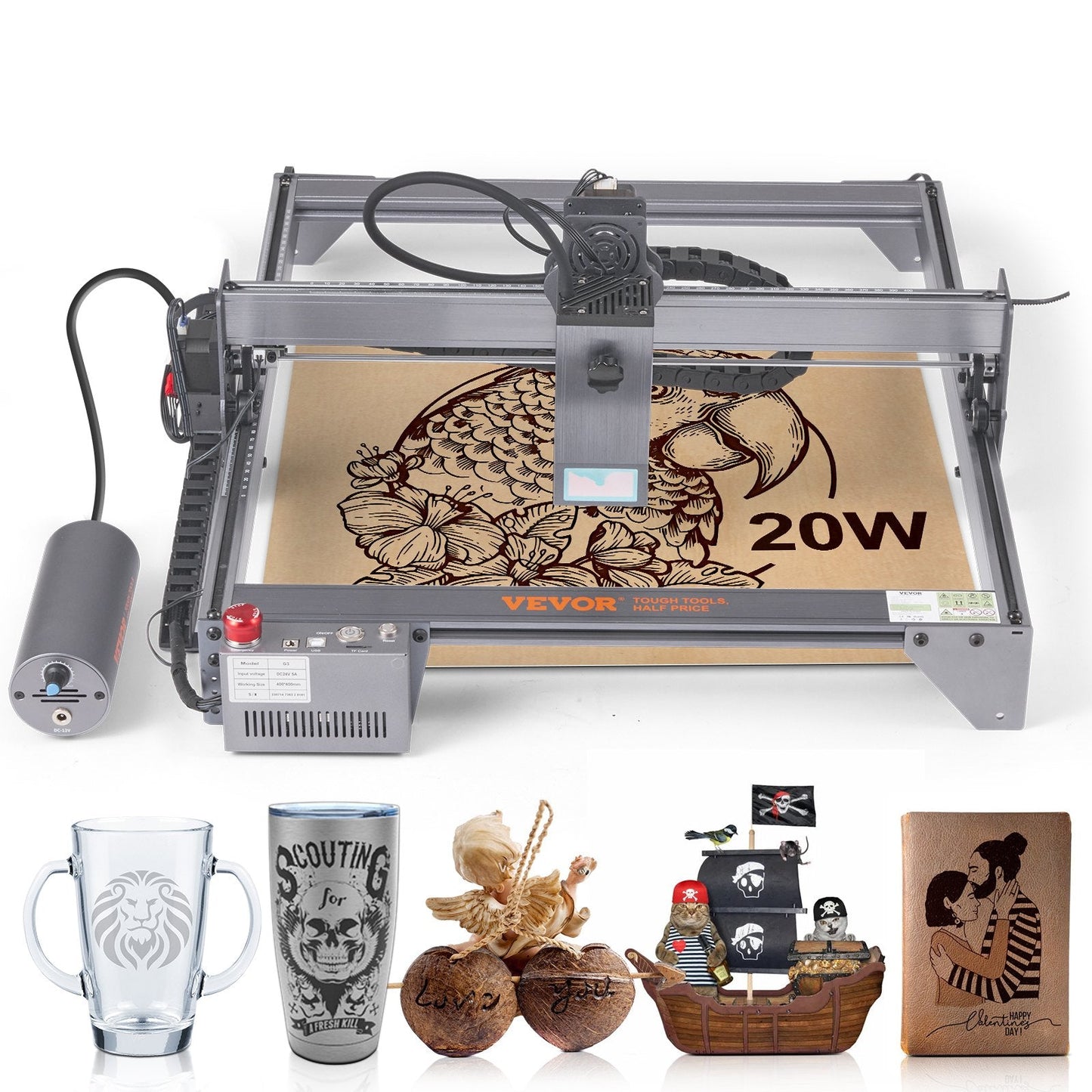 20W Laser Engraver with 40x40cm Area, USB Connection, Eye Protection, 6.1 kg
