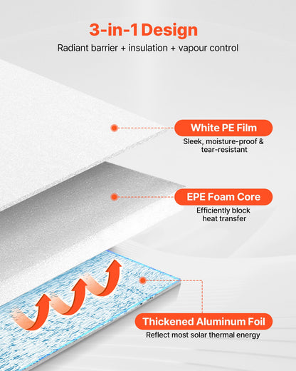 Reflective Insulation Roll, EPE Foam Core Radiant Barrier, 3mm 76.2m x 1.22 m, Aluminum Foil White PE Film Heat Reflective Shield, Thermal Insulation Roll for Garage Door Window RV Roofs