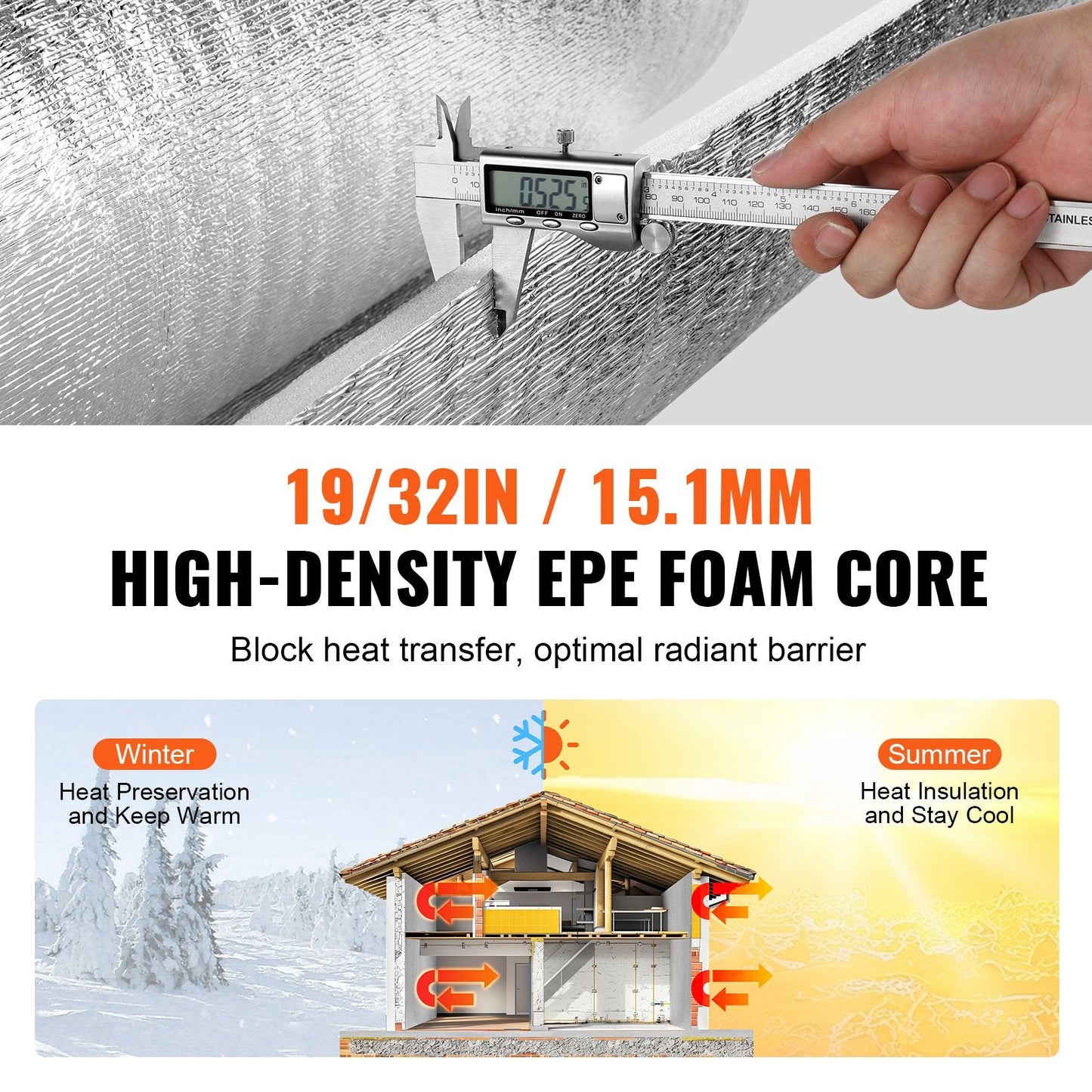 Double Reflective Radiant Barrier with Foam Core, 7.62m x 1.22m, Silver