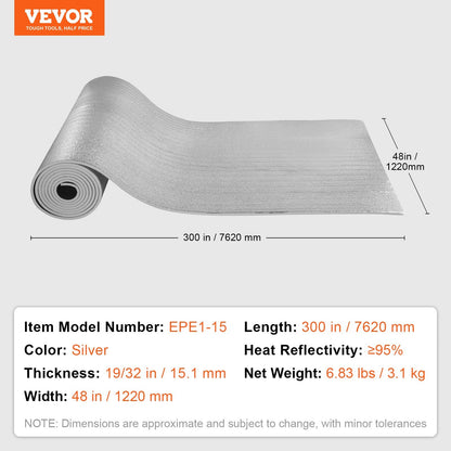 Double Reflective Radiant Barrier with Foam Core, 7.62m x 1.22m, Silver