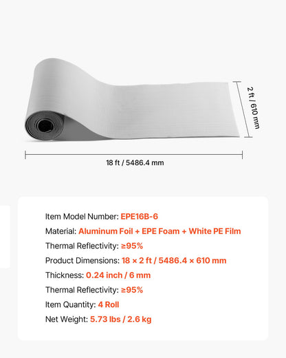 Reflective Insulation Roll, 2 Car Garage Door Thermal Insulation Kit, 6mm 5.49 m x 0.61 m, 4 Rolls Aluminum Foil EPE Foam Core Radiant Barrier, White PE Film Heat Shield for Garage Doors