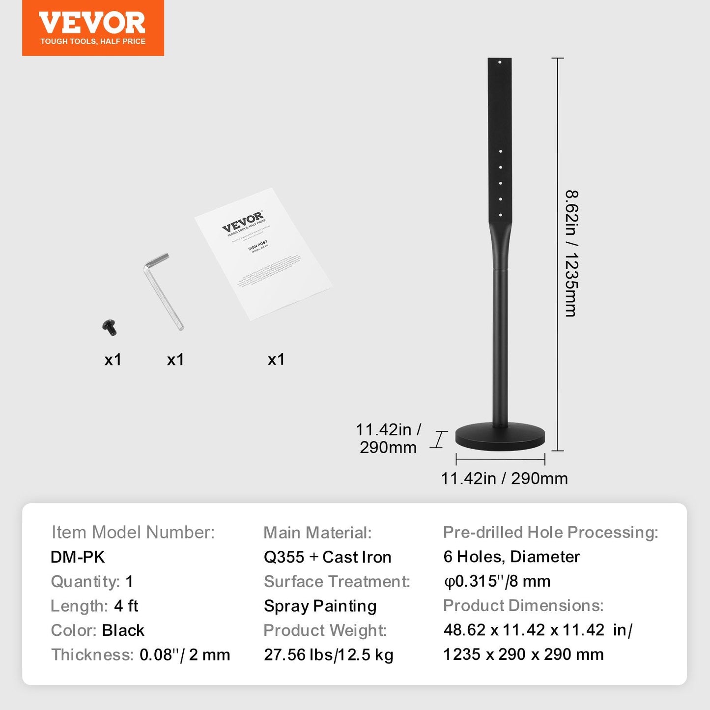 Portable 1.2m Cast Iron Sign Post with Wheels and Plastic Base, Black