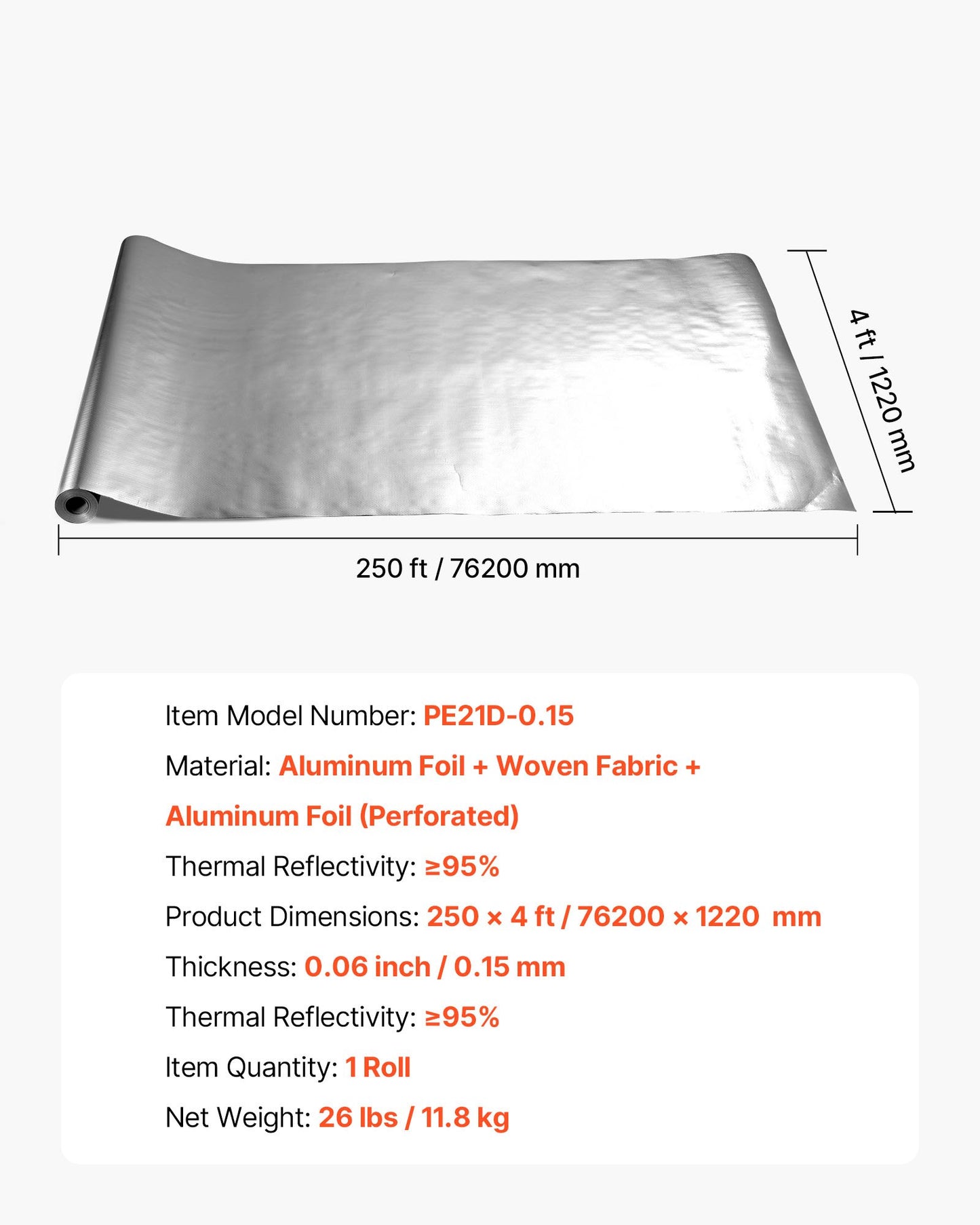 Double Reflective Insulation Roll, Perforated Woven Fabric Radiant Barrier, 0.15mm 76.2m x 1.22m, Double-Sided Aluminum Foil Heat Reflective Shield, Thermal Insulation Roll for Window RV Roof